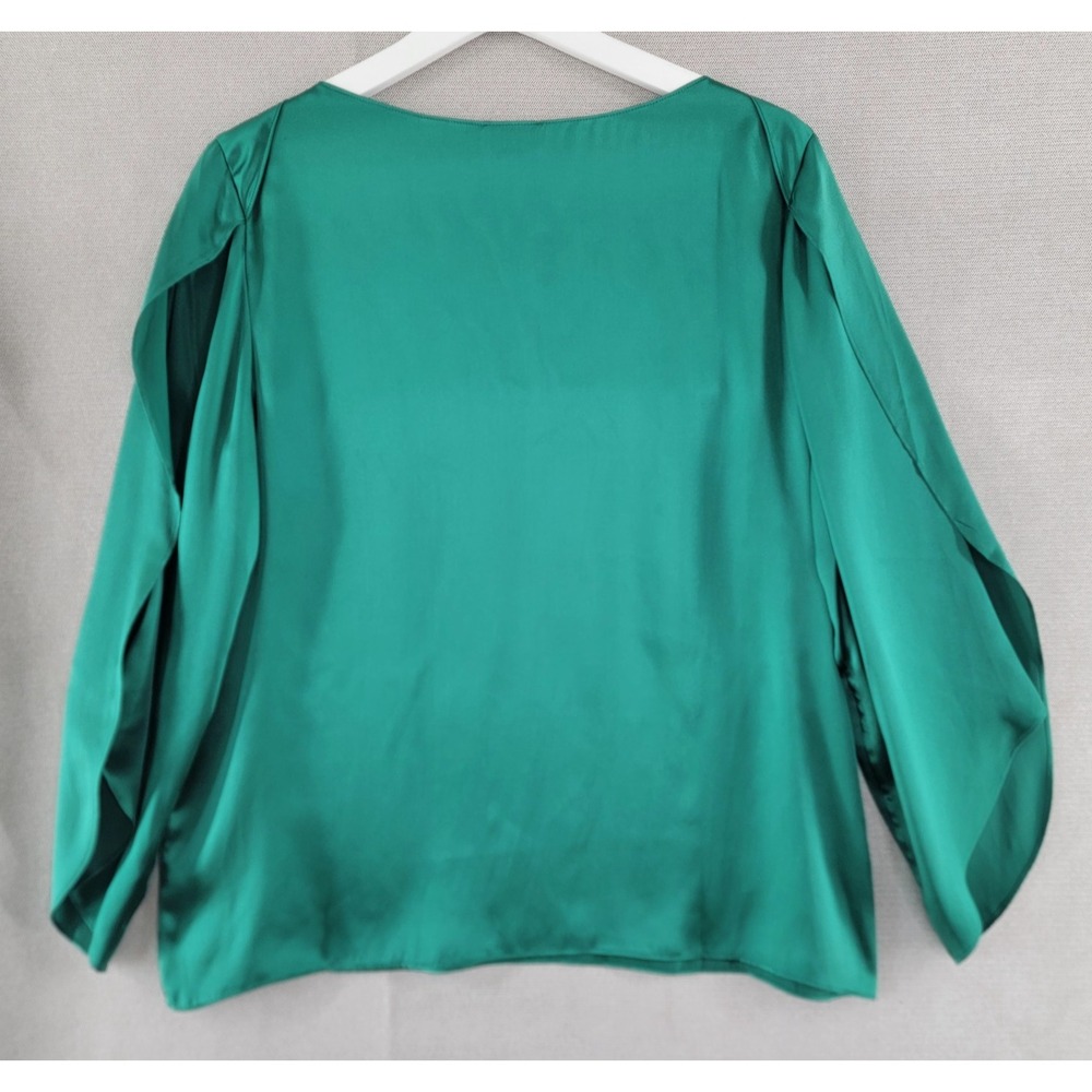 Talbots 100% Silk Top Kelly Green Slit Sleeve Blouse Womens 12 Petite Capsule - Picture 3 of 8